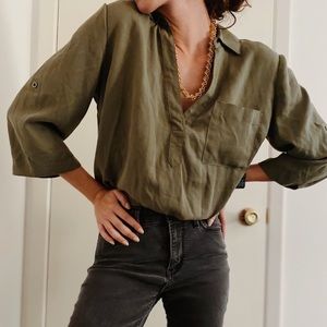New York & Company olive green blouse with pocket